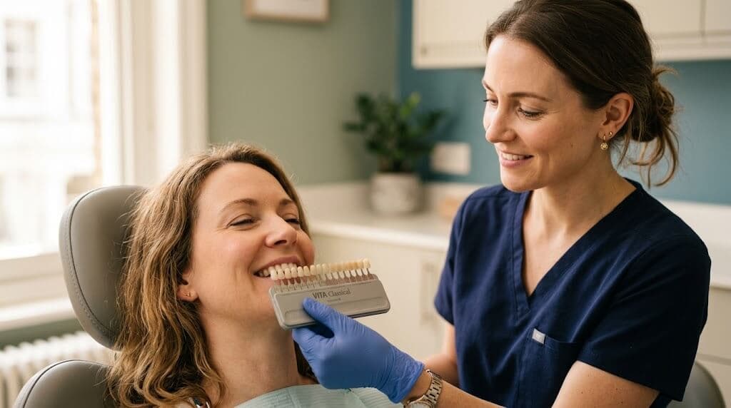 Teeth whitening consultation Wylie TX: dentist matching a patient's tooth shade to a shade guide