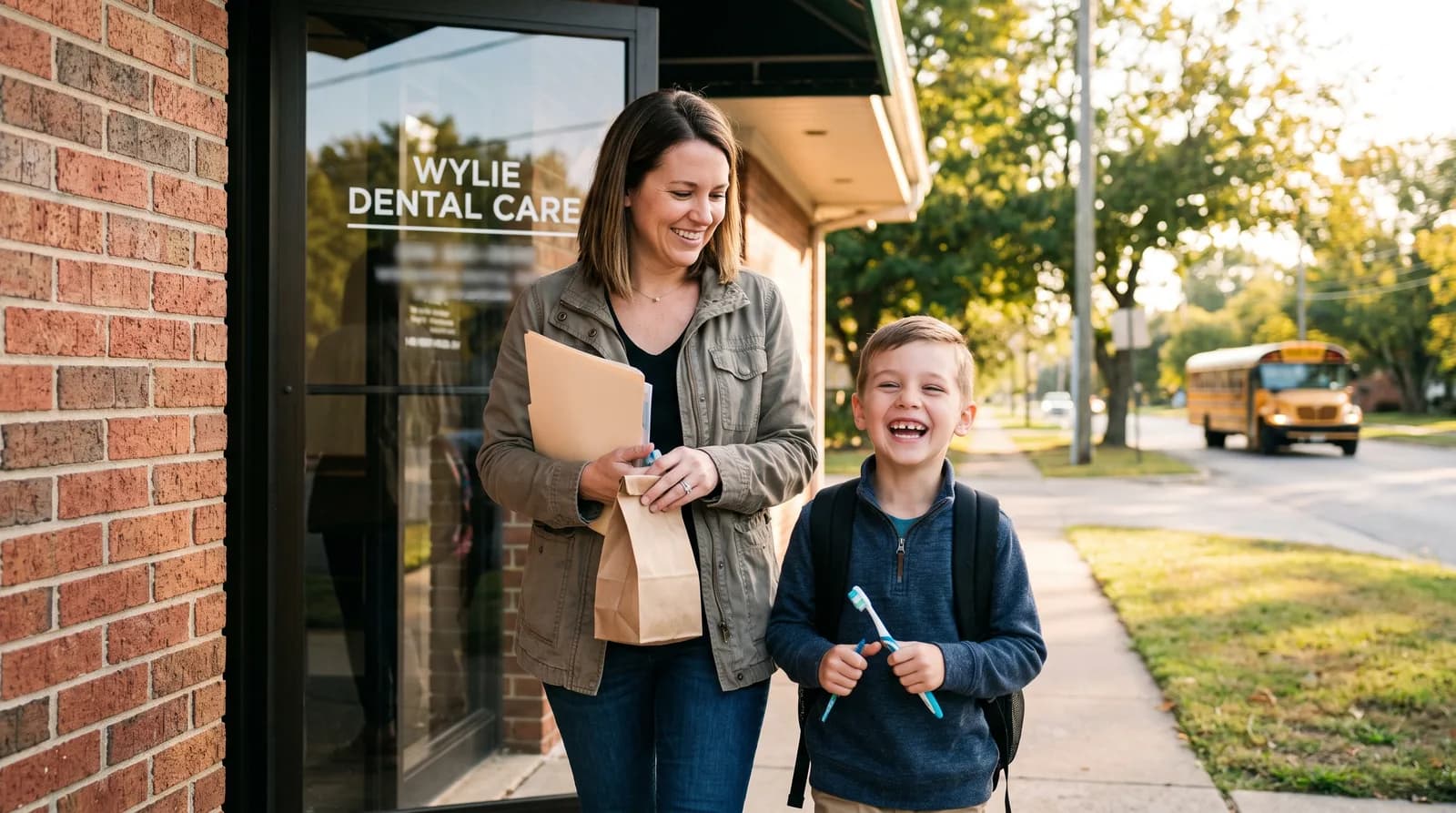 Parent and child arriving for a back to school dental checkup Wylie TX families schedule each fall