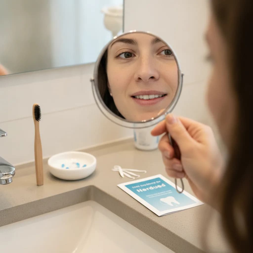 Person Smiling Examining Teeth in Mirror Dental Self Check