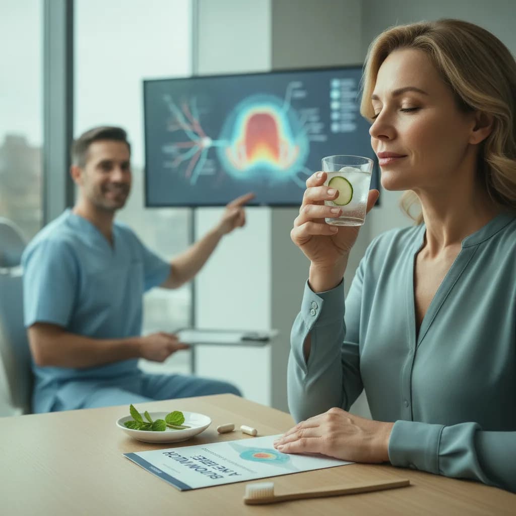 Woman Touching Mouth Area Concerned Expression Medical Office