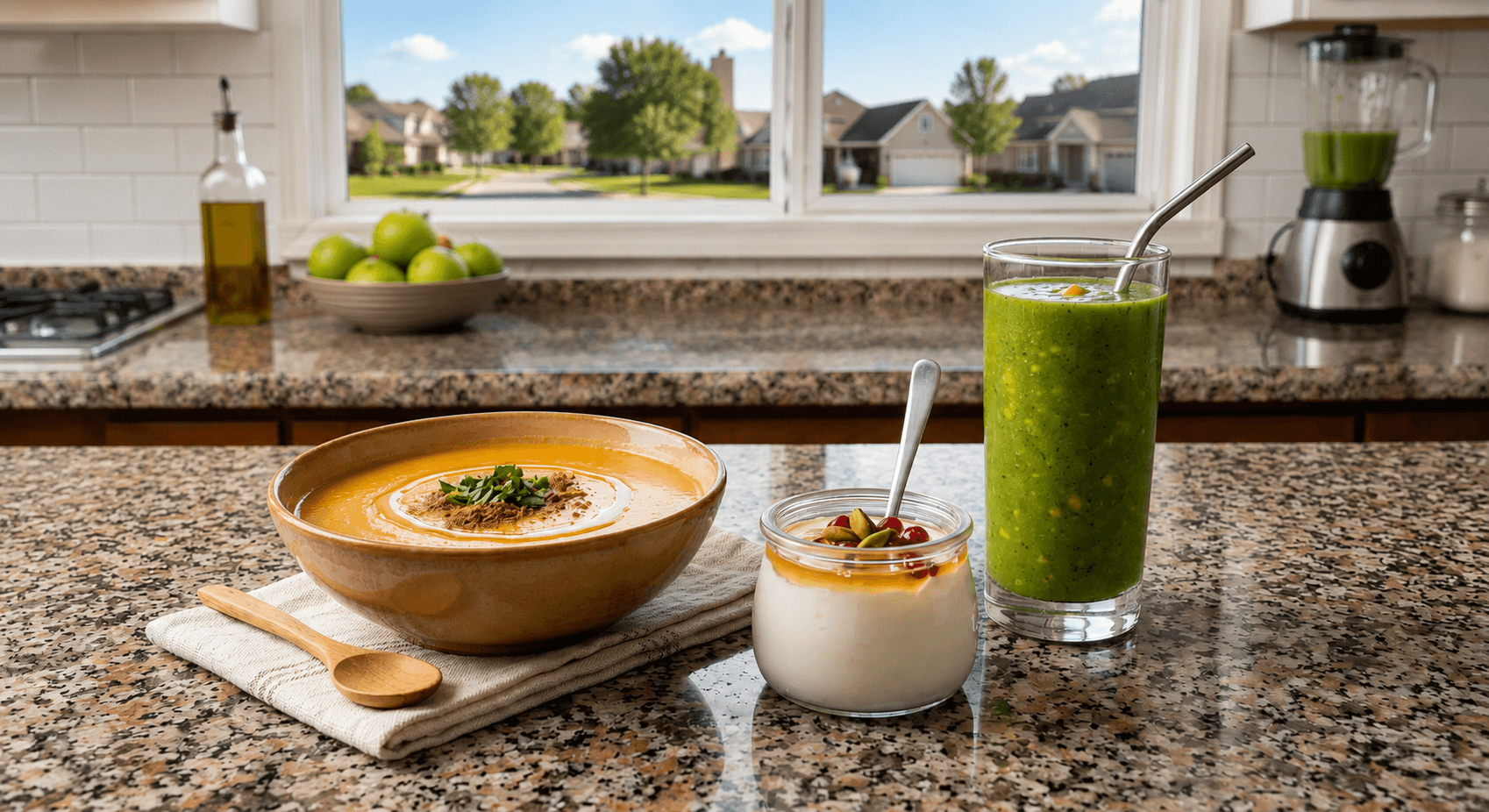 Healthy Soft Foods Soup Yogurt Smoothie Kitchen Counter