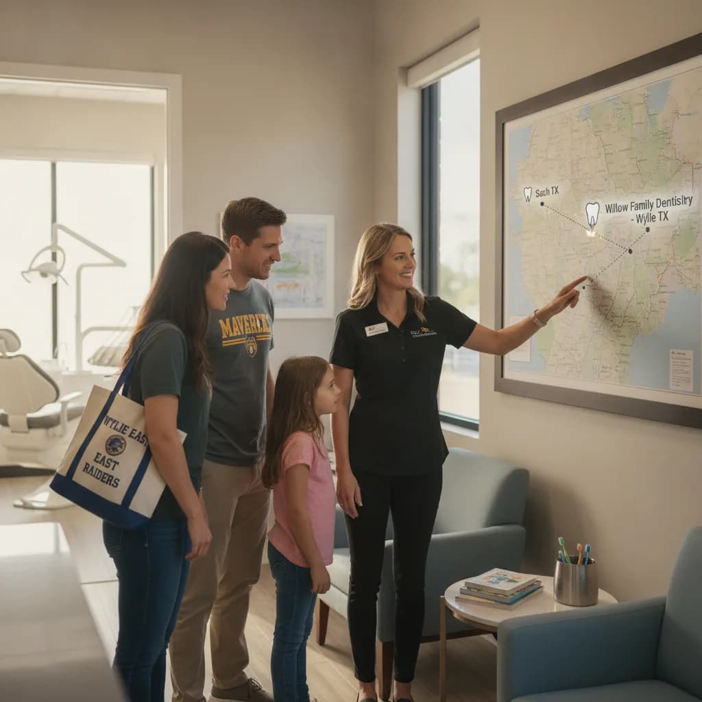 Happy Family Walking into Modern Dental Office Entrance Welcoming