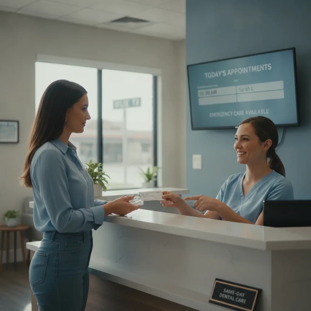 Modern Dental Office Reception Desk Friendly Staff Welcoming Patient