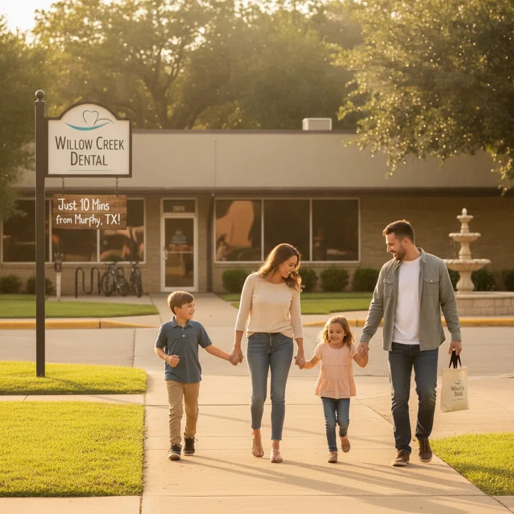 Happy Family Smiling Together Outside Modern Dental Office