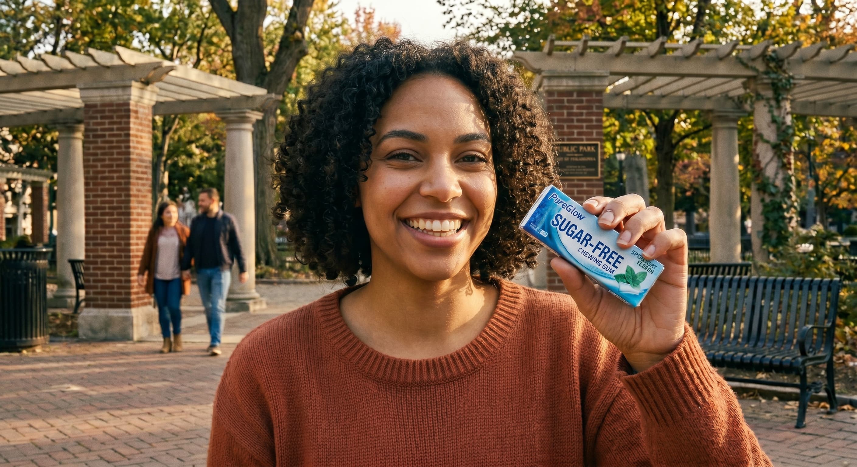 Smiling Person Holding Sugar Free Chewing Gum Pack
