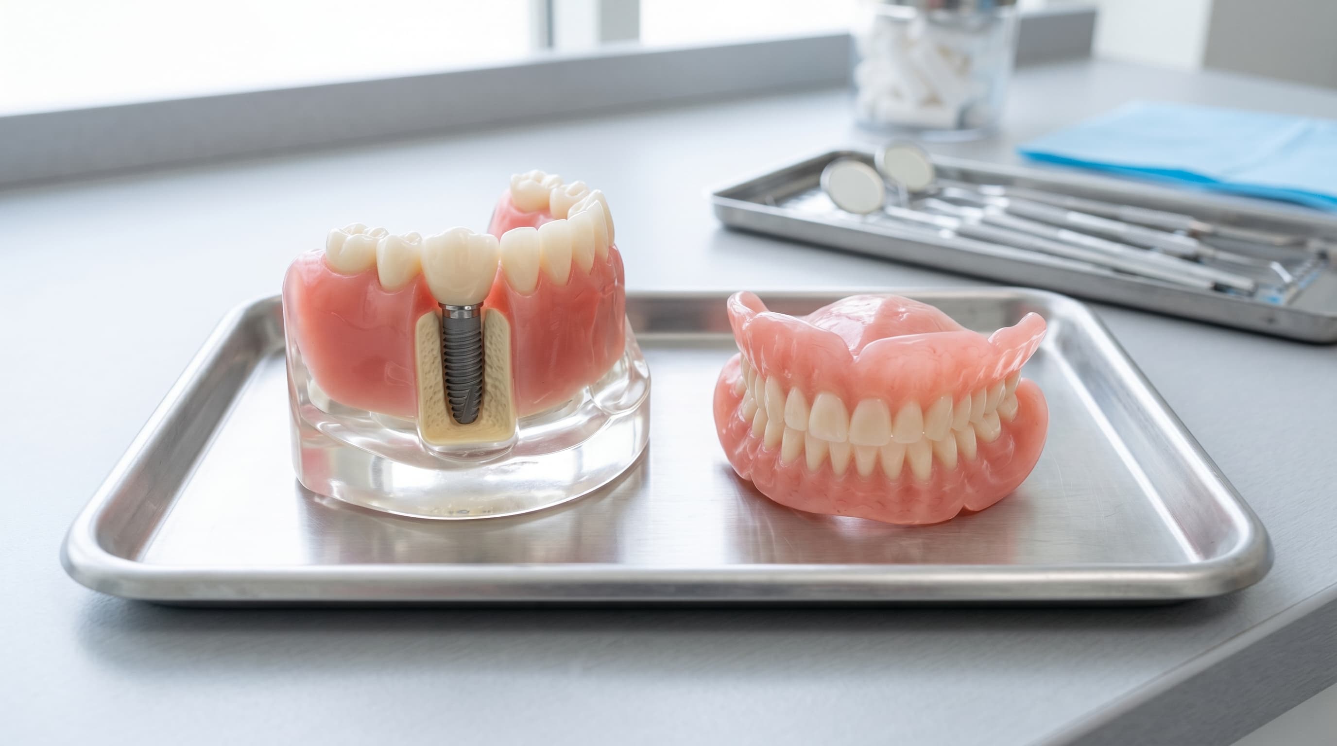 Dental Implant Model and Denture Side by Side on Clinical Table