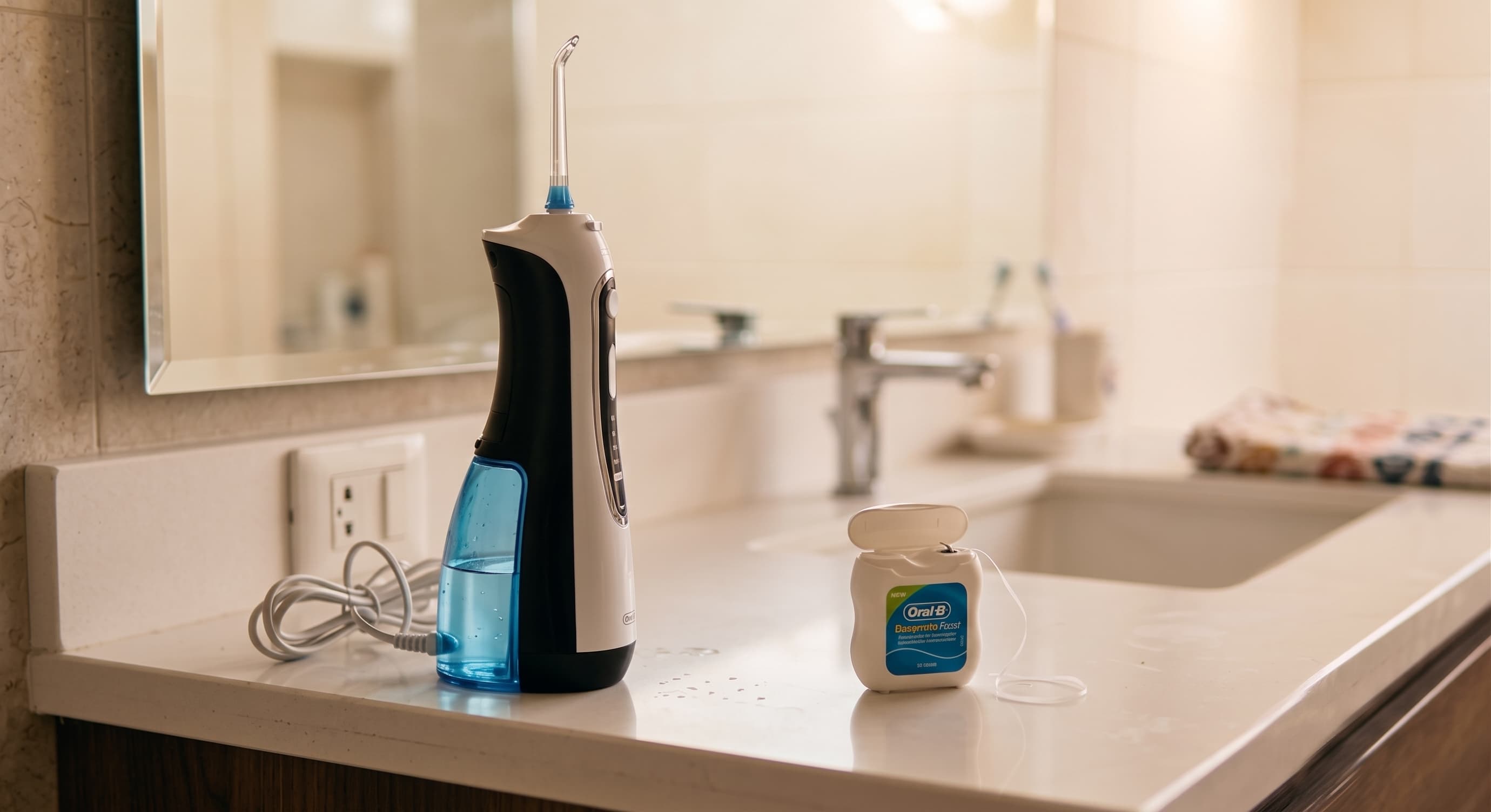 Water Flosser and String Floss Side by Side on Bathroom Counter