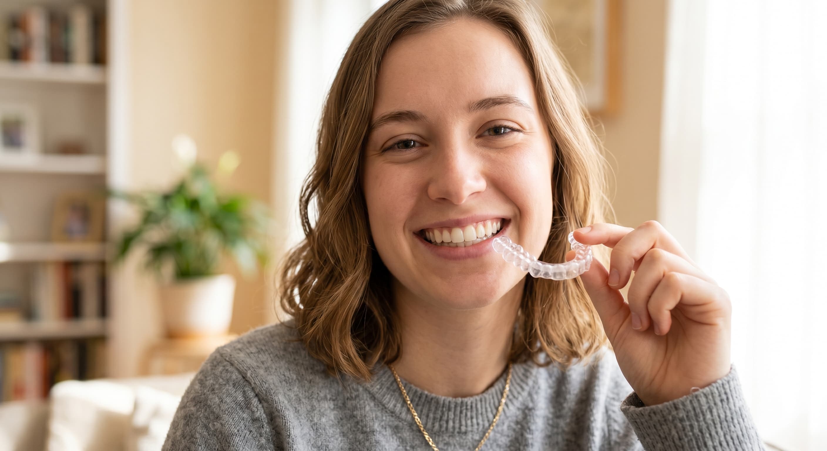 Person Holding Clear Dental Retainer Near Bright Smile