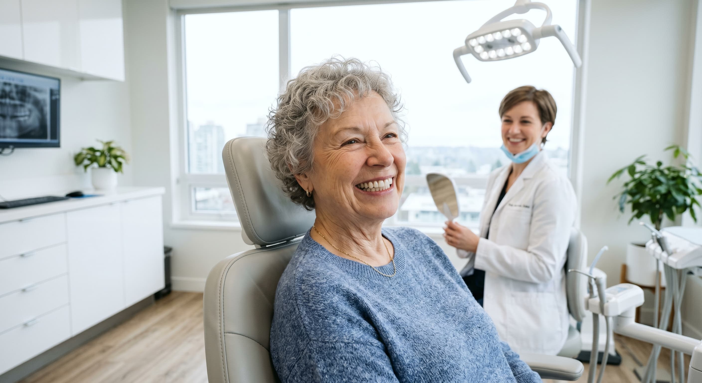 Senior Patient Smiling with New Teeth at Modern Dental Office