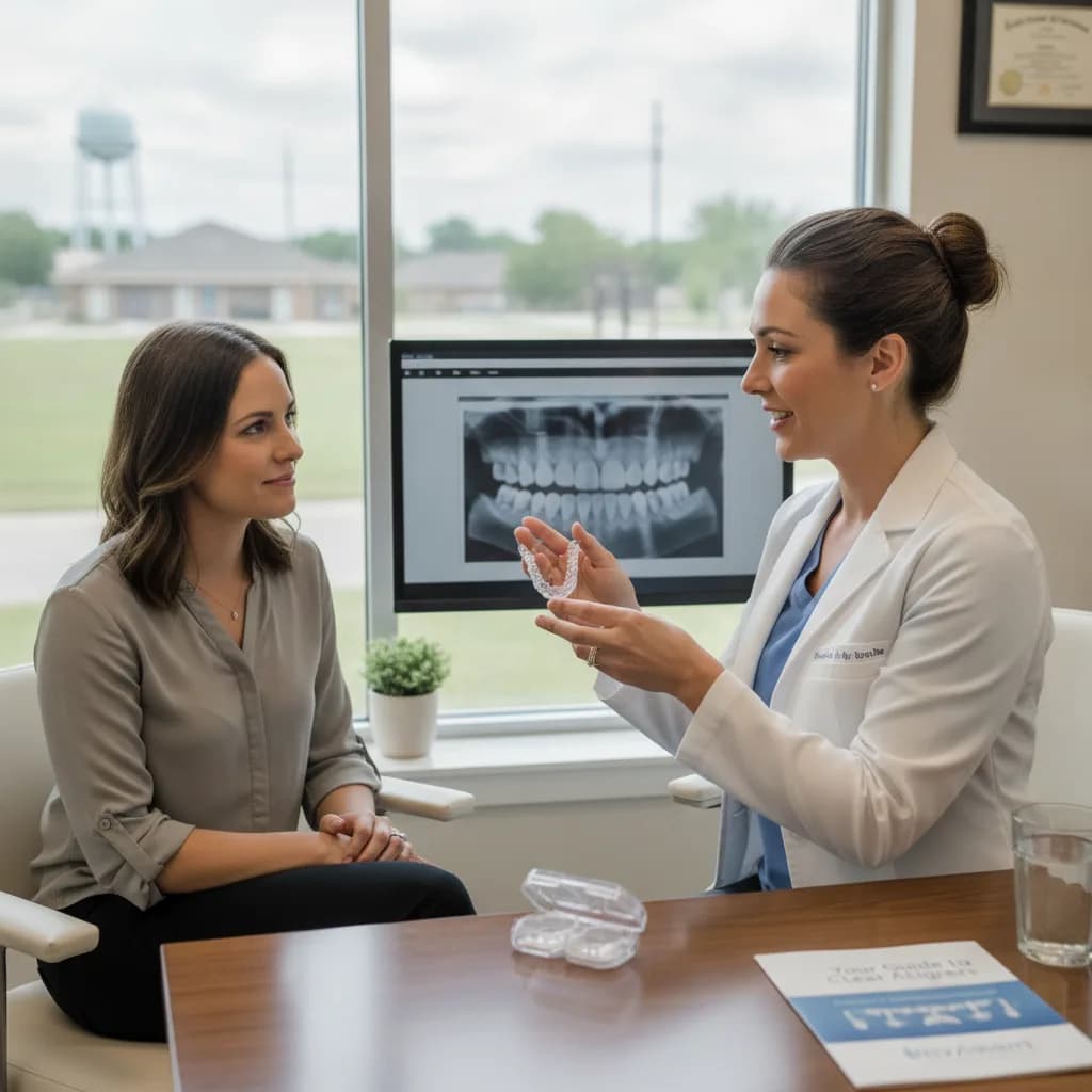 Female Dentist Showing Clear Aligner ClinCheck on Monitor