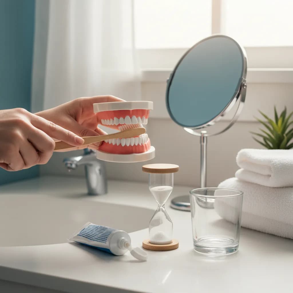 Person Brushing Teeth at Bathroom Mirror Correct Angle Close Up